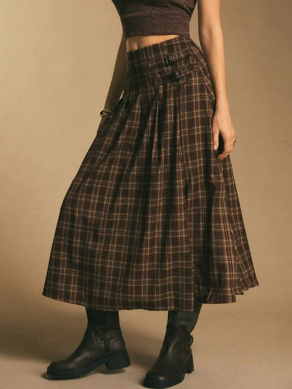 Brown Casual Women's Plaid Side Buckle Split Thigh Pocket Flared Skirt